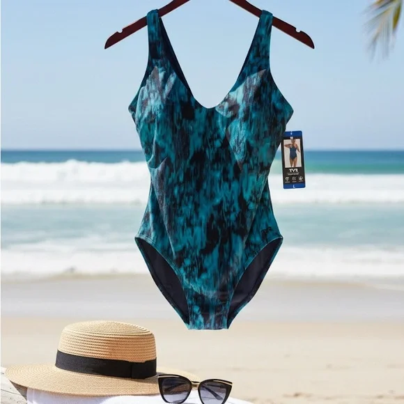 TYR Teal and Black Green Patterned Swimsuit Large - Picture 1 of 6
